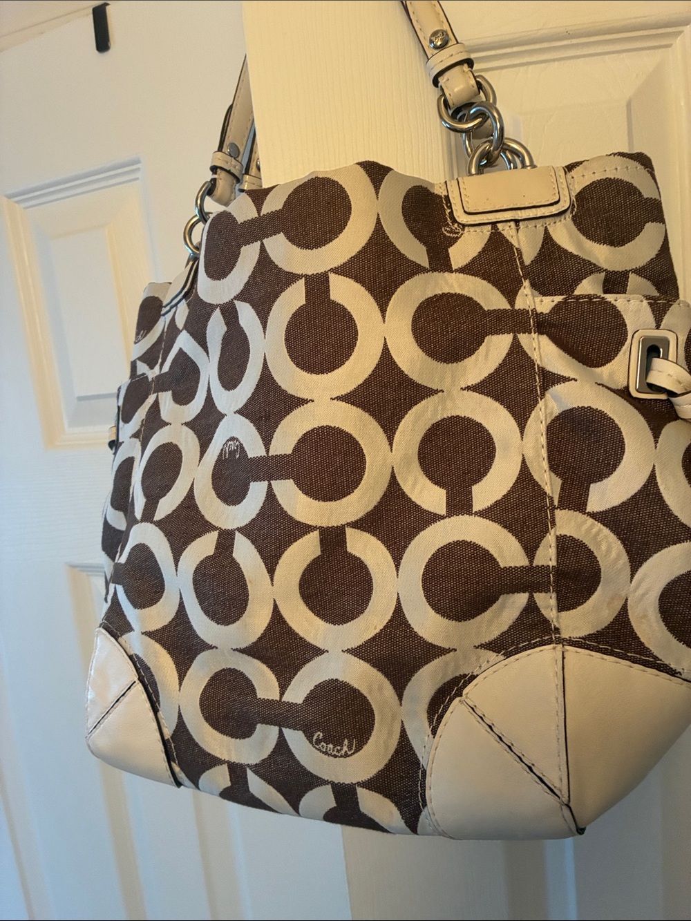 Coach Brown and Cream Signature Canvas Shoulder Bag with Leather Trim